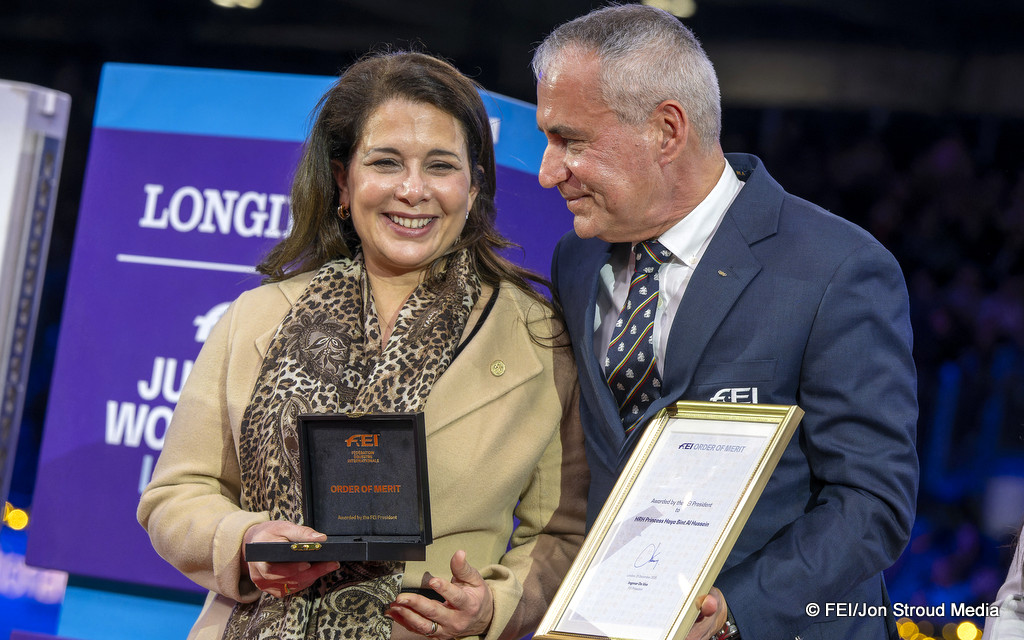 FEI President Ingmar De Vos, accompanied by HRH Princess Haya bint Al Hussein, recipient of the FEI Order of Merit, and her daughter Her Highness Princess Jalila - London International Horse Show, Excel London on 21 December 2025 | An Eventful Life