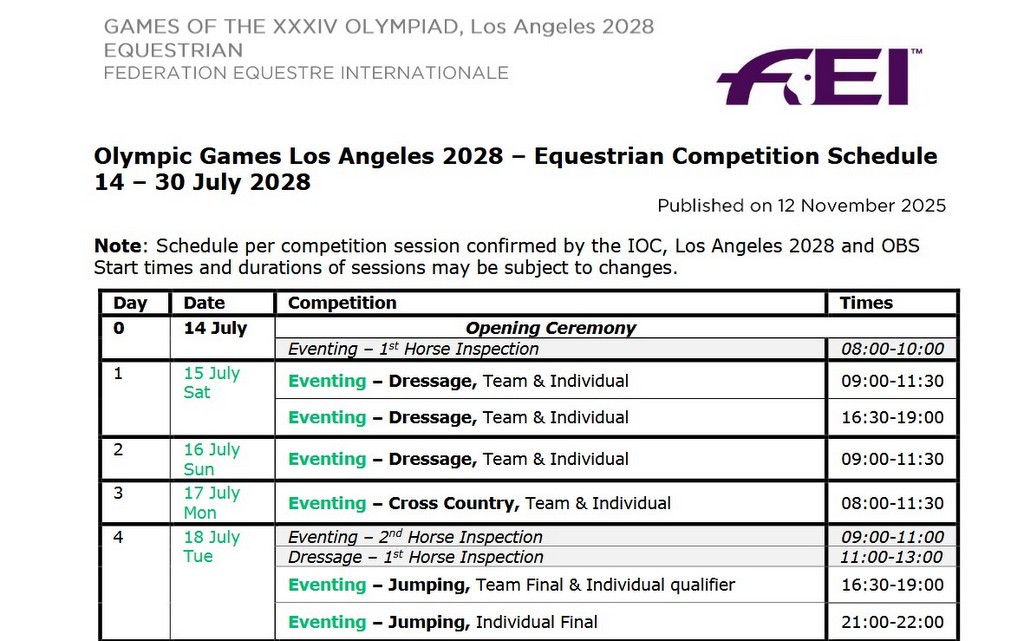 Los Angeles 2028 Olympic Games Eventing timetable | An Eventful Life
