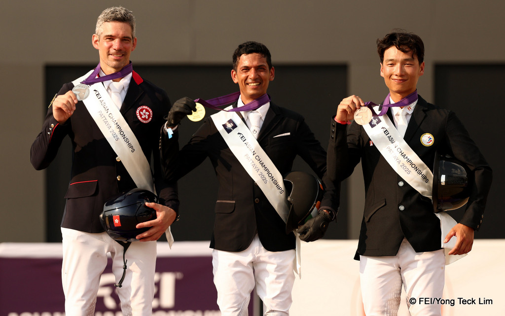 Ashish Limaye (gold), Patrick Lam (silver) and Korntawat Samran (bronze) on the podium at the 2025 FEI Asian Eventing Championships, Thailand | An Eventful Life