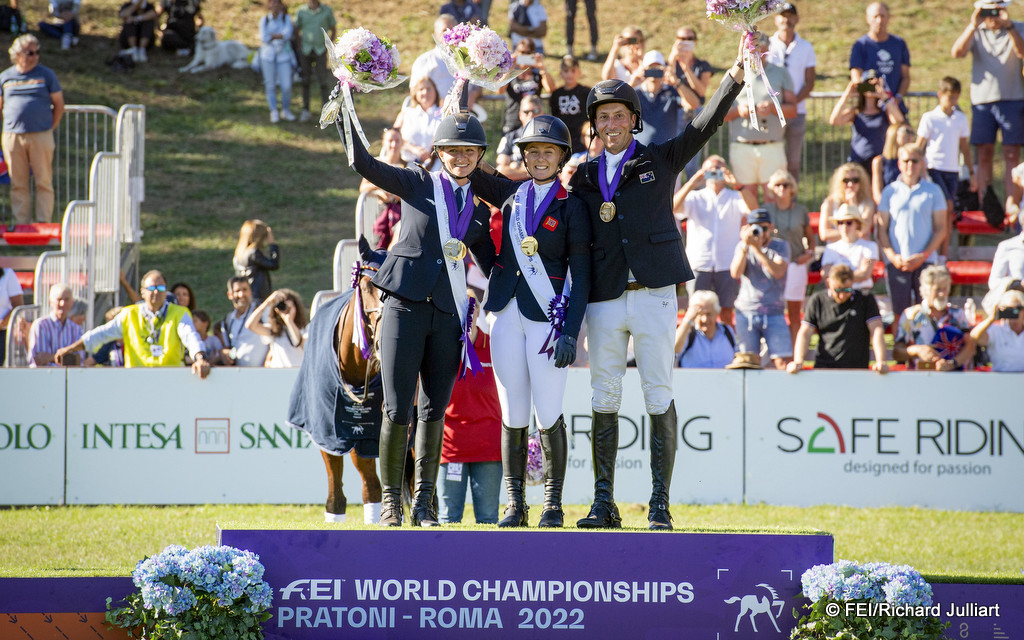 2022 Pratoni Eventing World Championship Individual Podium - Tim Price (NZL) Bronze, Julia Krajewski (GER) Silver, Yasmin Ingham (GBR) gold | An Eventful Life