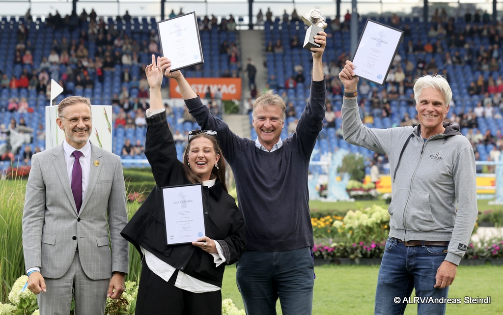 Silver Camera Awards at FEI World Championships Aachen 2026, L-R: Dr Thomas Forl, Madeleine Delp Bergsjø (2nd place), Peter Nixon (1st place) and Arnd Bronkhorst (3rd place) | An Eventful Life