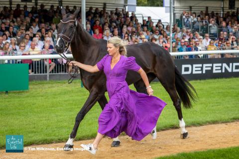 Jonelle Price presents Grappa Nera for the CCI5* eventing first horse inspection at Defender Burghley Horse Trials 2024 | An Eventful Life