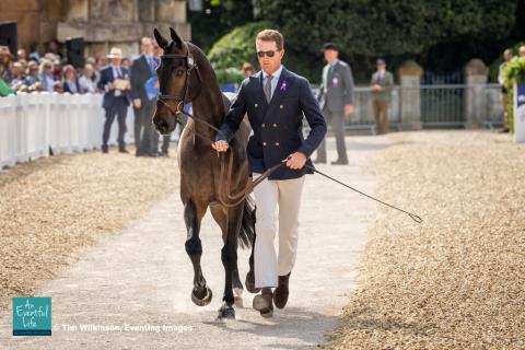 Jesse Campbell presents Cooley Lafitte during the first horse inspection for the CCI5* eventing at MARS Badminton Horse Trials 2025 | An Eventful Life