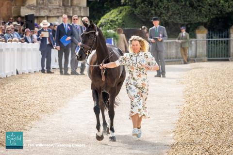 Jonelle Price presents Grappa Nera during the first horse inspection for the CCI5* eventing at MARS Badminton Horse Trials 2025 | An Eventful Life