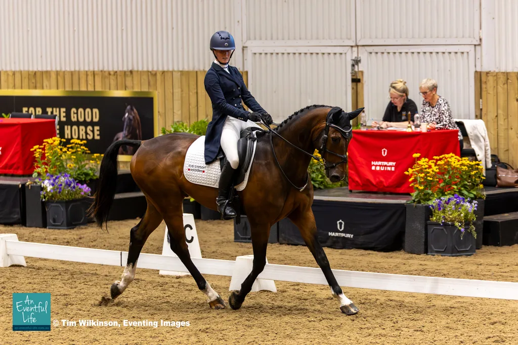 Alicia Hawker rides Chocotoffretto Z during dressage for the British Novice Championship eventing at the 2025 NAF Five Star Hartpury International Horse Trials & British National Championships | An Eventful Life