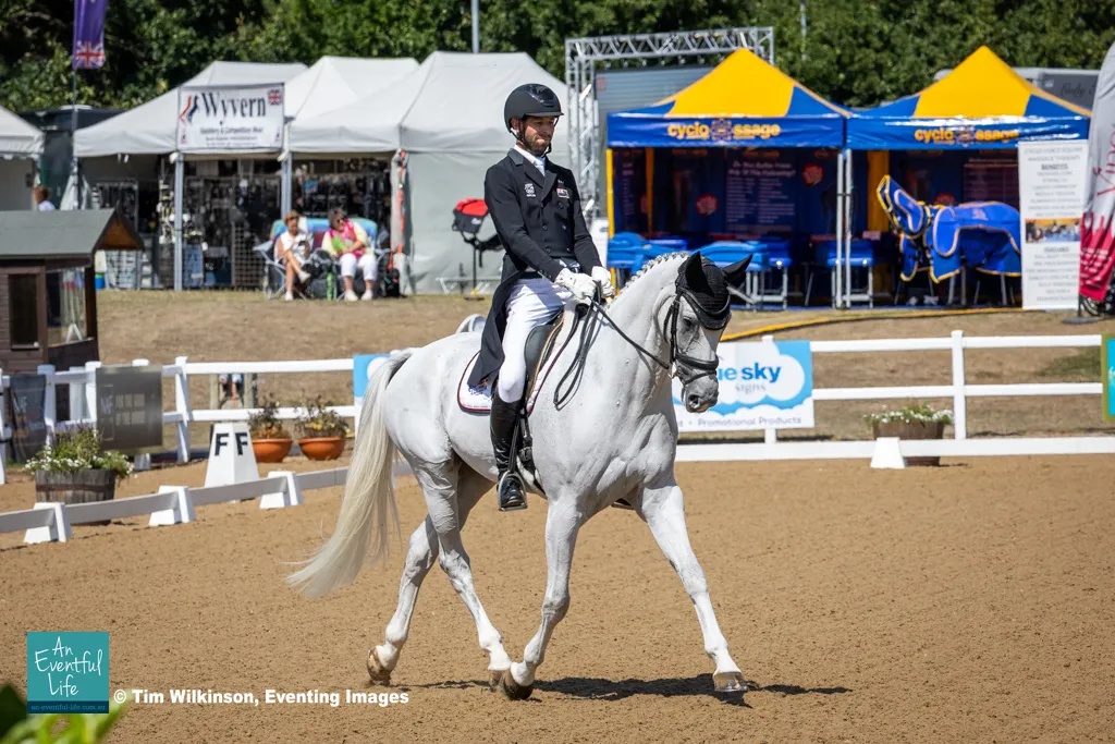 Clarke Johnstone rides Rocket Man during dressage for the CCI4*-S eventing at the 2025 NAF Five Star Hartpury International Horse Trials & British National Championships | An Eventful Life
