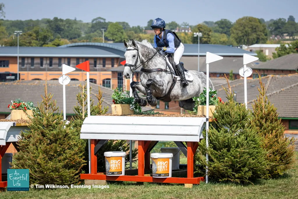 Ros Canter rides Armscote Explorer during cross country for the British Intermediate Championship eventing at the 2025 NAF Five Star Hartpury International Horse Trials & British National Championships | An Eventful Life