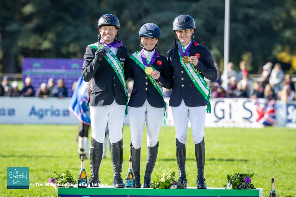 Individual Podium (Laura Collett, gold; Michael Jung, silver; Tom McEwen, bronze) at the 2025 FEI Eventing European Championship at Blenheim Palace | An Eventful Life
